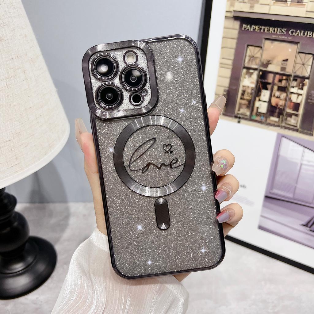 Electroplated Magnetic Soft Case for iPhone 15 Pro Heart Full Coverage Ins Apple 17 Gradient Glitter Phone Case Cover