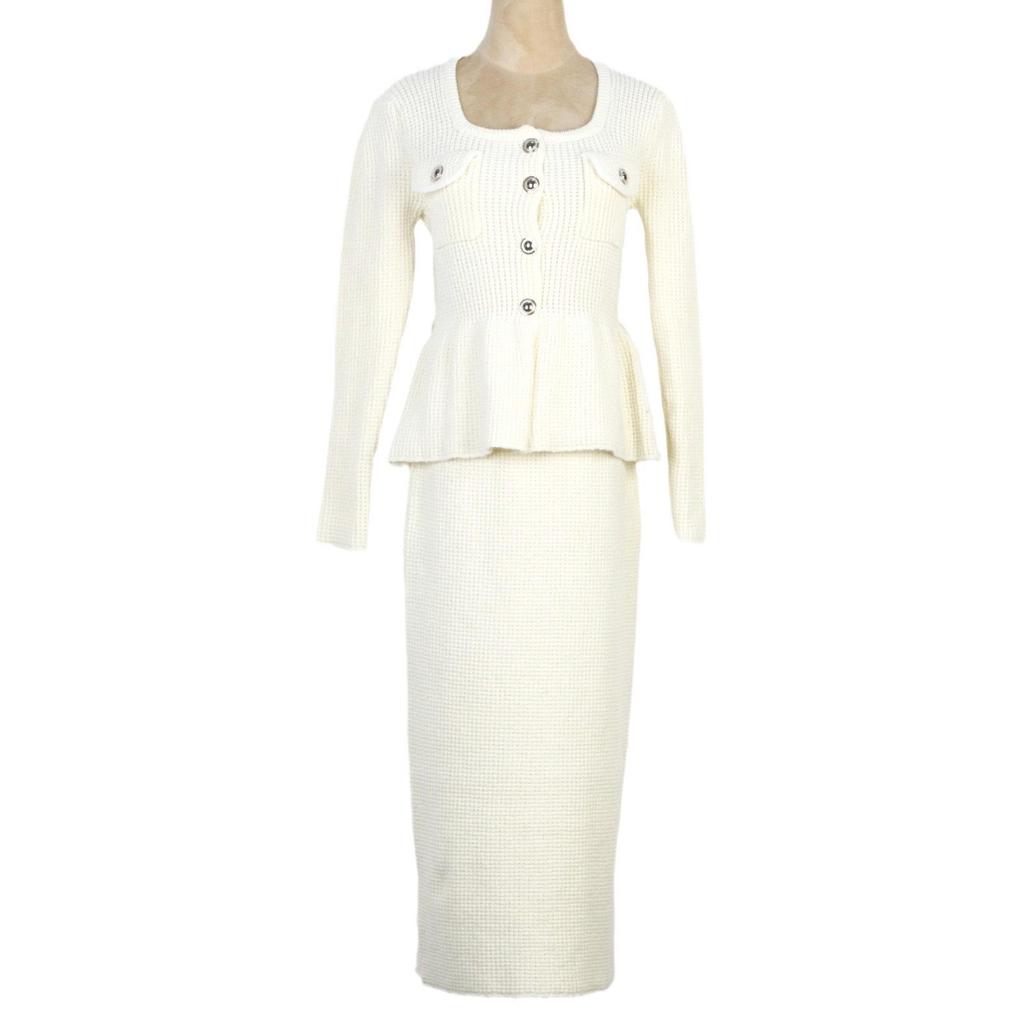 Zhuoya Spring French Socialite Square Neck Knit Ruffle Fishtail Dress Set