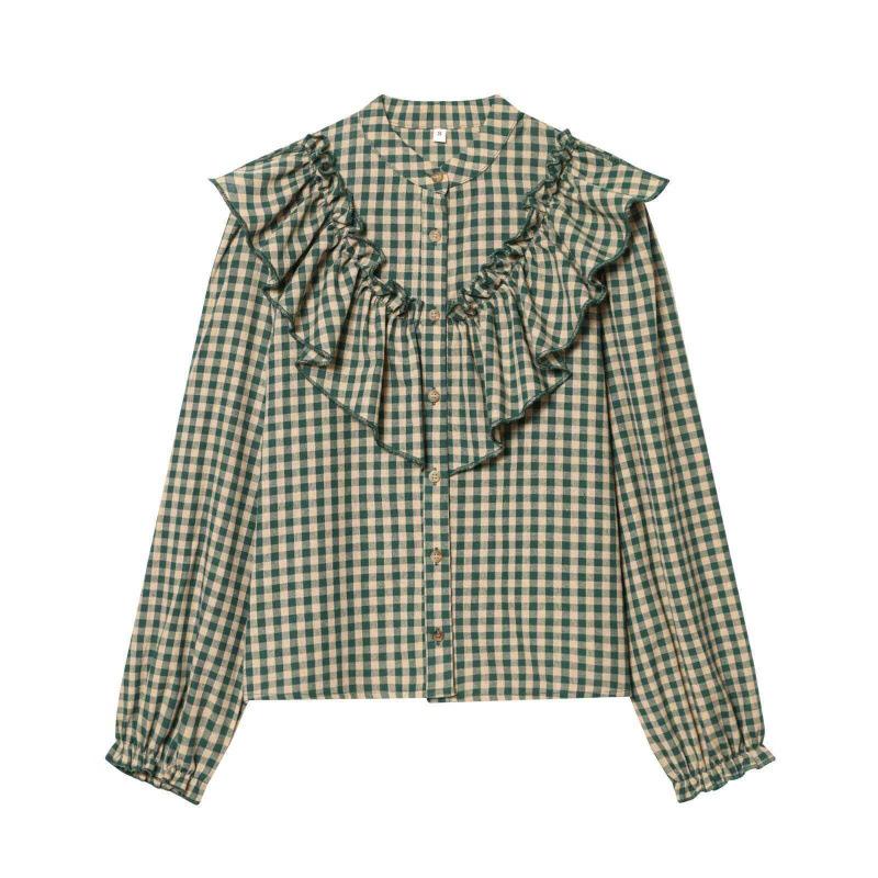 

Women s Fashion Versatile Small Plaid Layered Shirt Top L зелений колір плед