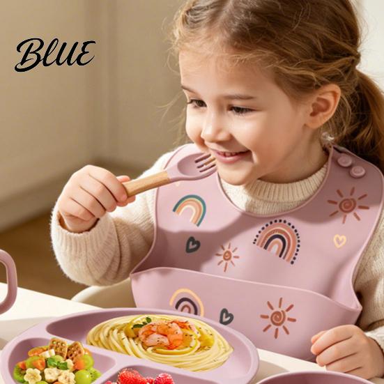 Kids Independent Eating Set Baby Led Weaning Spoon And Fork Set Soft Silicone Utensils Beech Wood Handle with Wooden Handles Toddler Self-Feeding