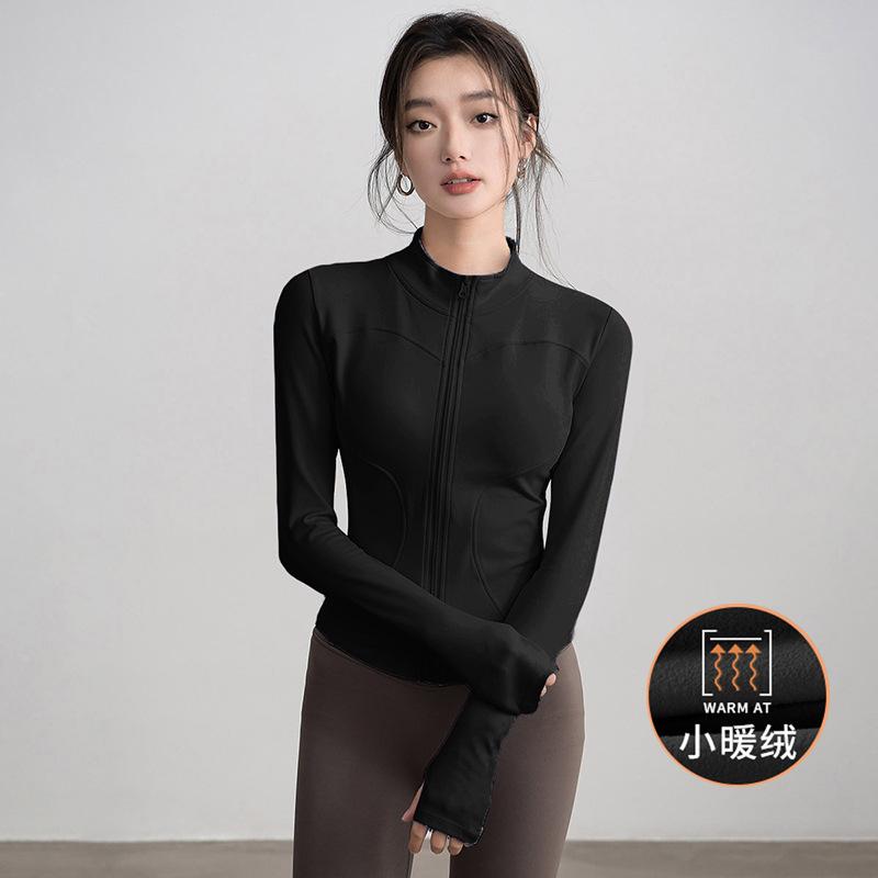 German velvet stand-up neck yoga suit women s tight waist sports top running pilates fitness jacket cycling suit German velvet S