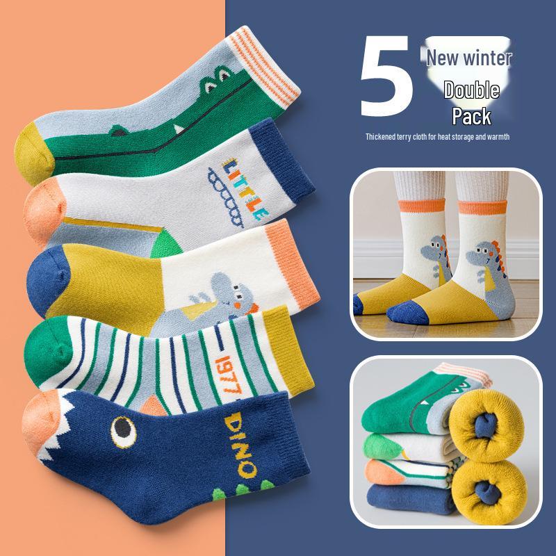 Children's Thickened Warm Cotton Dinosaur Terry Socks - Mid-Calf Length for Boys and Girls