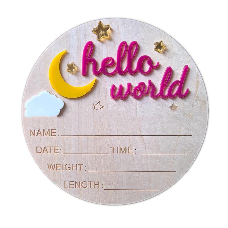 Wooden Hello World Newborn Sign, Cute Birth Announcement Board Baby Announcement