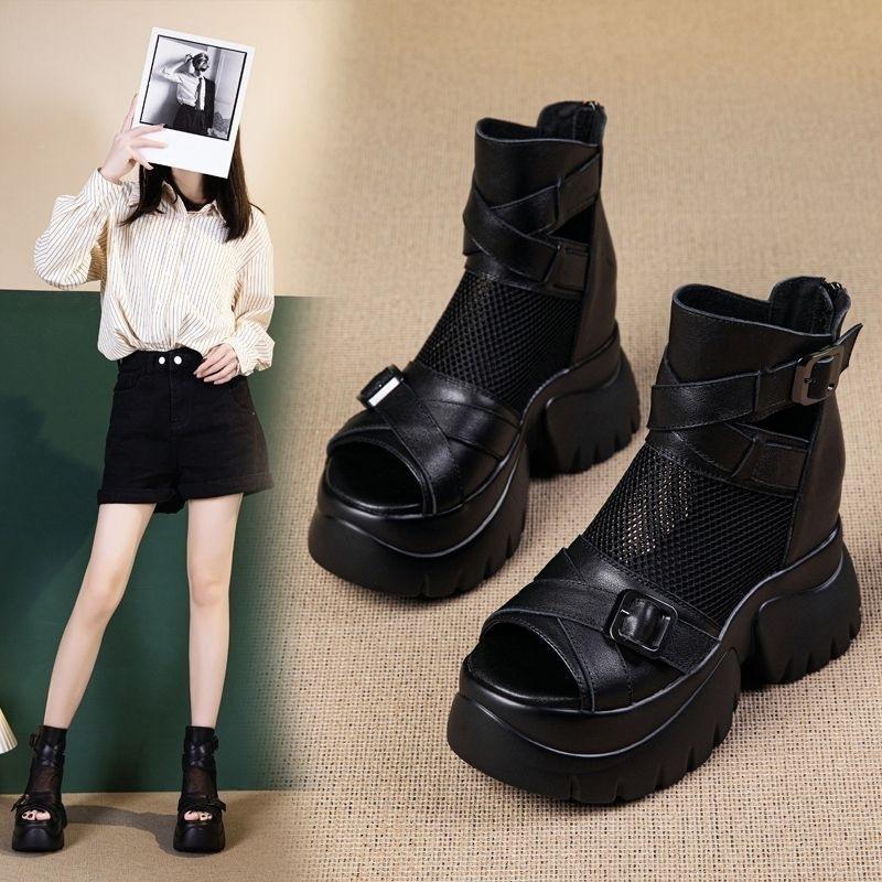 Soft leather Roman sandals high waist 2025 summer new thick-soled summer heightening fish mouth boots muffin hollow cool boots breathable