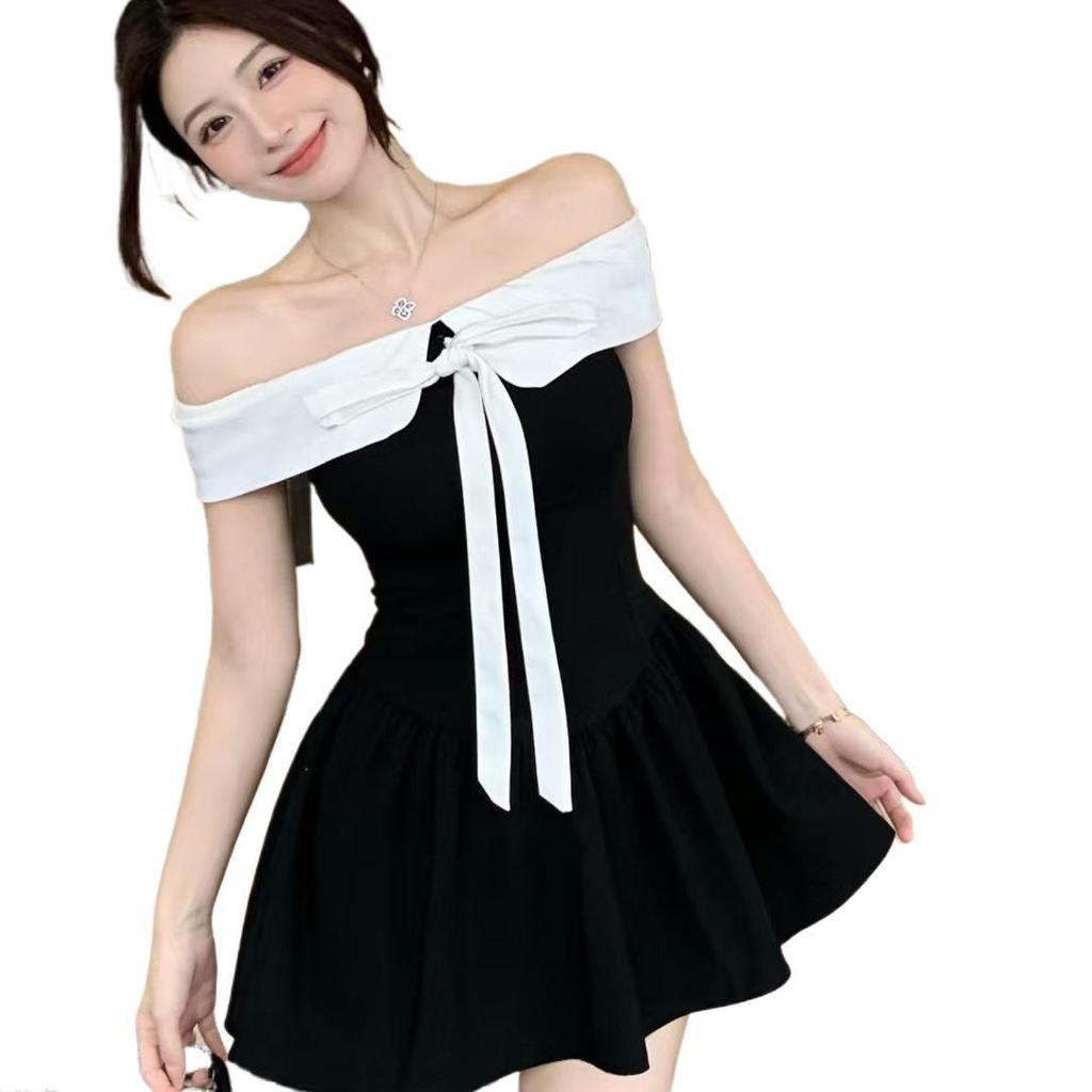Pure desire wind and wind splicing contrasting color one-word shoulder dress women's summer small man bow off shoulder waist A-word skirt short