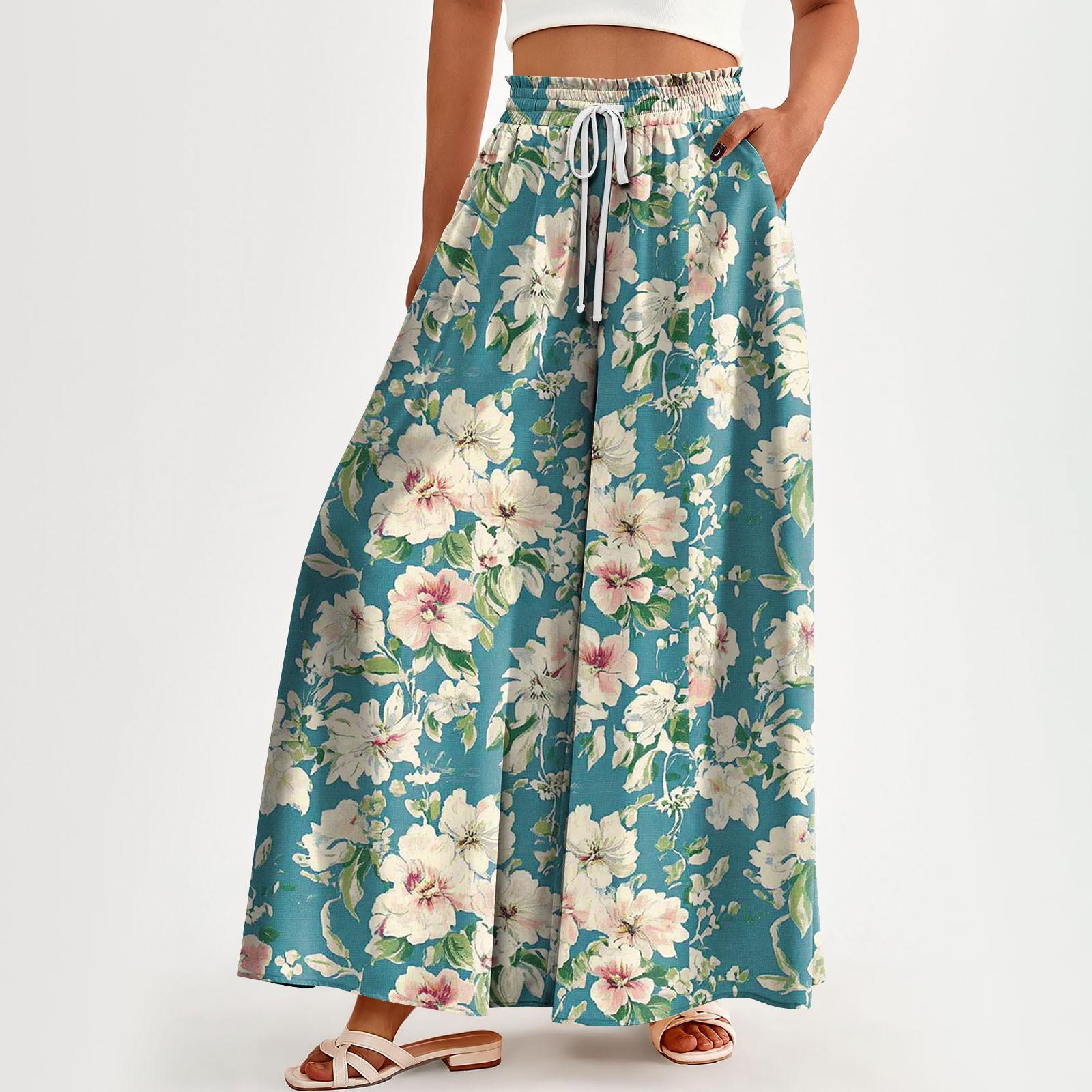 

Женские брюки с высокой талией, широкие, повседневные, струящиеся брюки-палаццо, брюки с цветочным принтом и карманом XXXL светло-синий