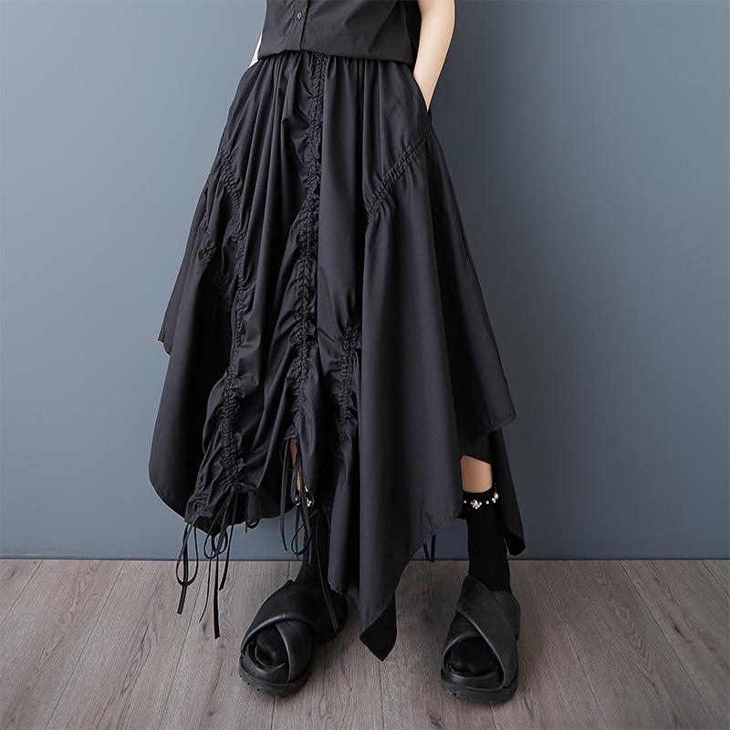 Dimanaf 2025 Summer Women New Skirts Plus Size Solid Elastic Waist Pleated Elegant Black Skirts