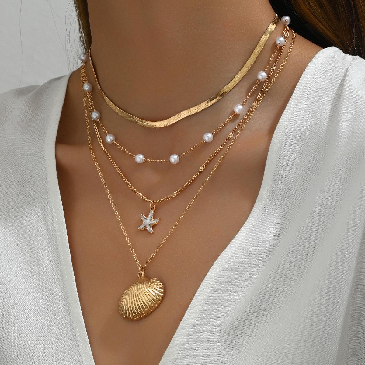 

European & American Vacation Style Starfish Shell Pearl Necklace: Multi-Layer Women s Clavicle Chain