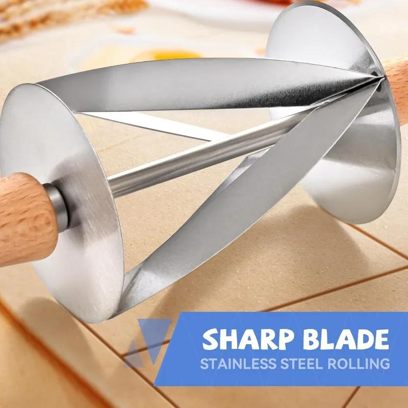 Stainless Steel Croissant Cutter Irregular Roller Cutter with Wooden Handle Pastry Baking Croissant Bread Knife Kitchen Gadgets