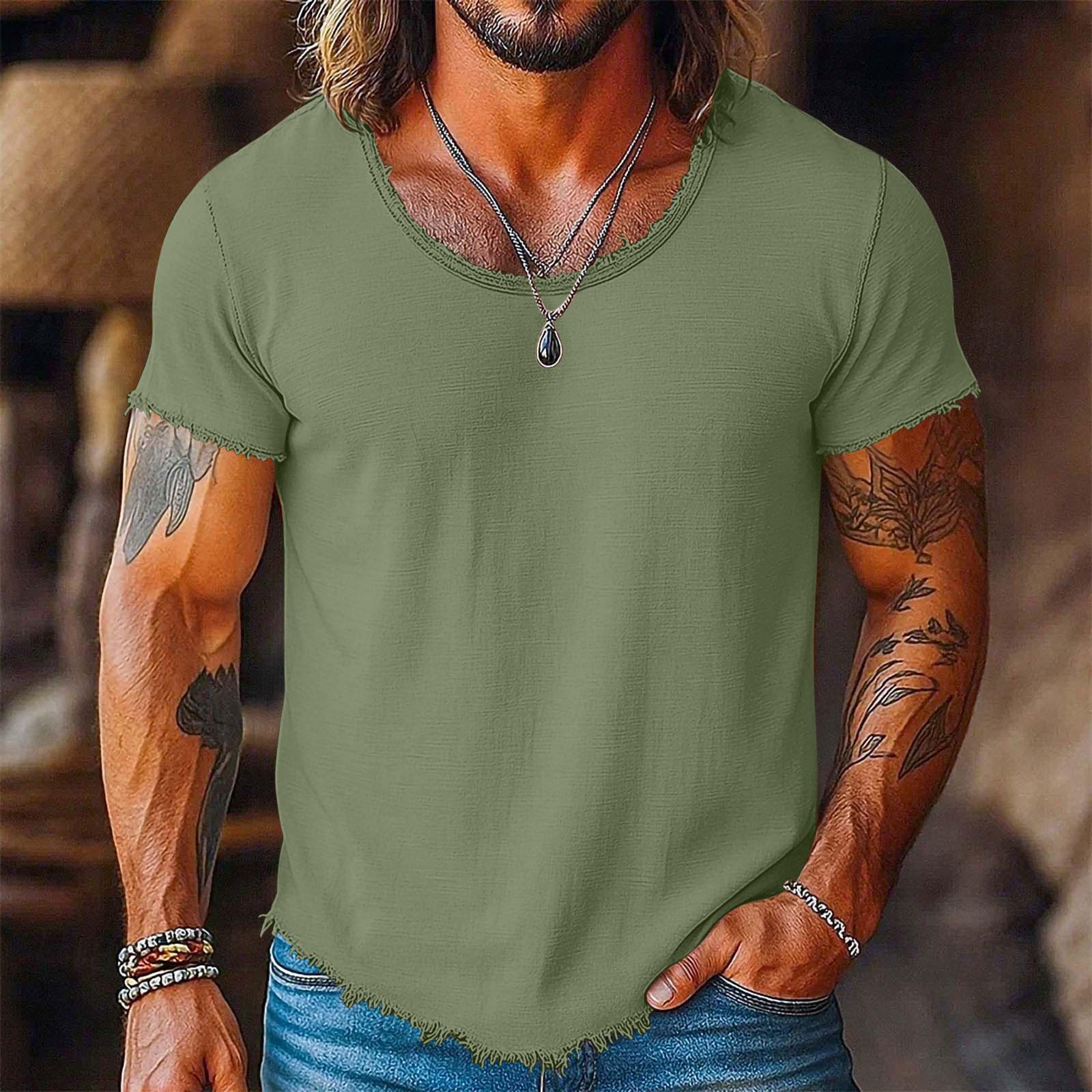 Ionia Heren Casual T-shirt met Korte Mouwen, Verweerd Ruw Randje, Ronde Hals, Lichtgewicht Zomer T-shirt voor Dagelijks Gebruik XL groen