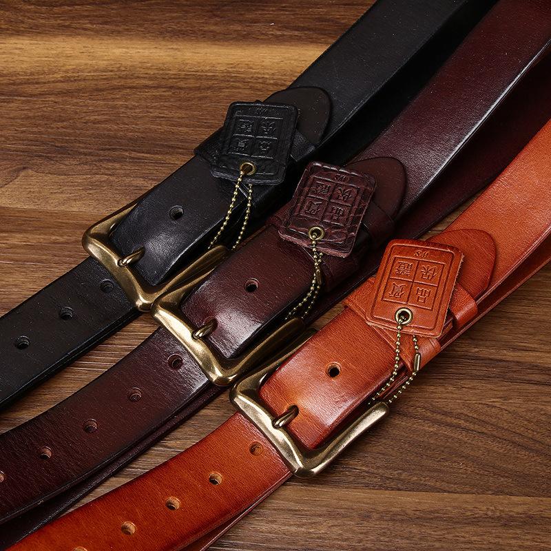 Xqwewanticebb Men's Black/Brown High-End Retro Italian Handmade Water-Dyed Vegetable Tanned First-Layer Cowhide Belt For Genuine Leather Hong Kong Style Jeans Belt For 125Cm
