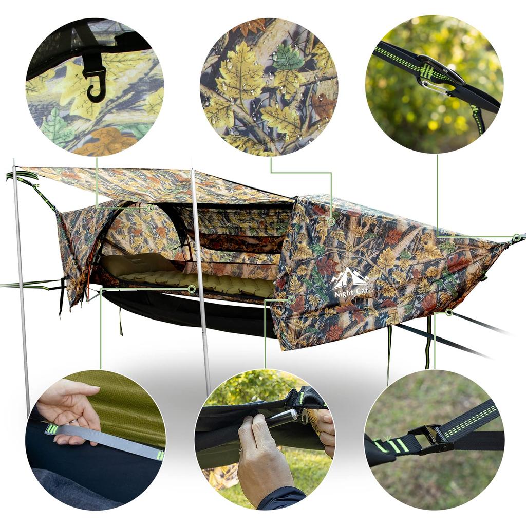 Night Cat Flat Lay Hammock Tent with Mosquito Net Waterproof Rainfly Storage Room for 1 Person Backpacking Hiking Camping Lightweight 440LBS