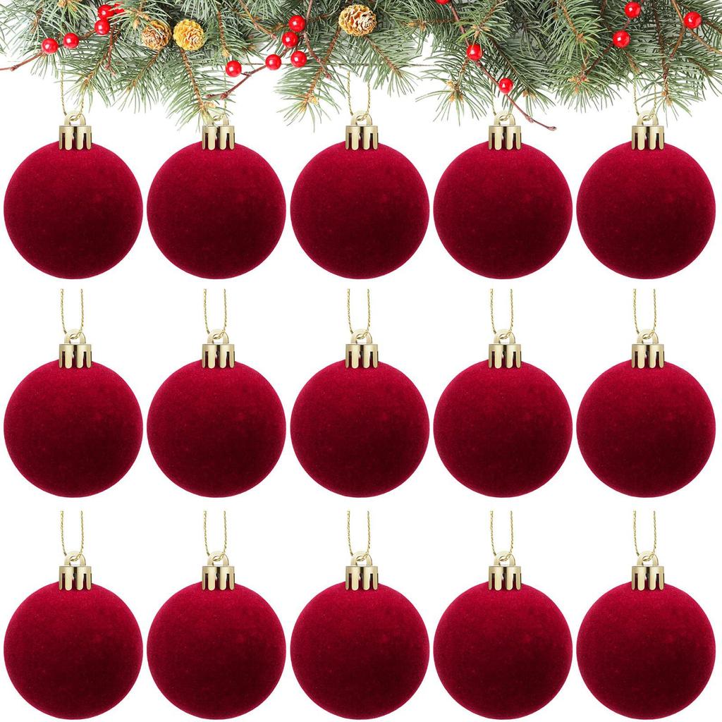15 Pcs Red Velvet Christmas Balls Velvet Ornaments for Christmas Tree, Christma Tree Flocked Ornaments Balls Holiday Decoration