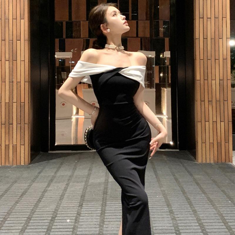 French One-word Shoulder Dress Women's Summer Dress Black and White Splicing Waist Slim Temperament Hip-wrapped Dress