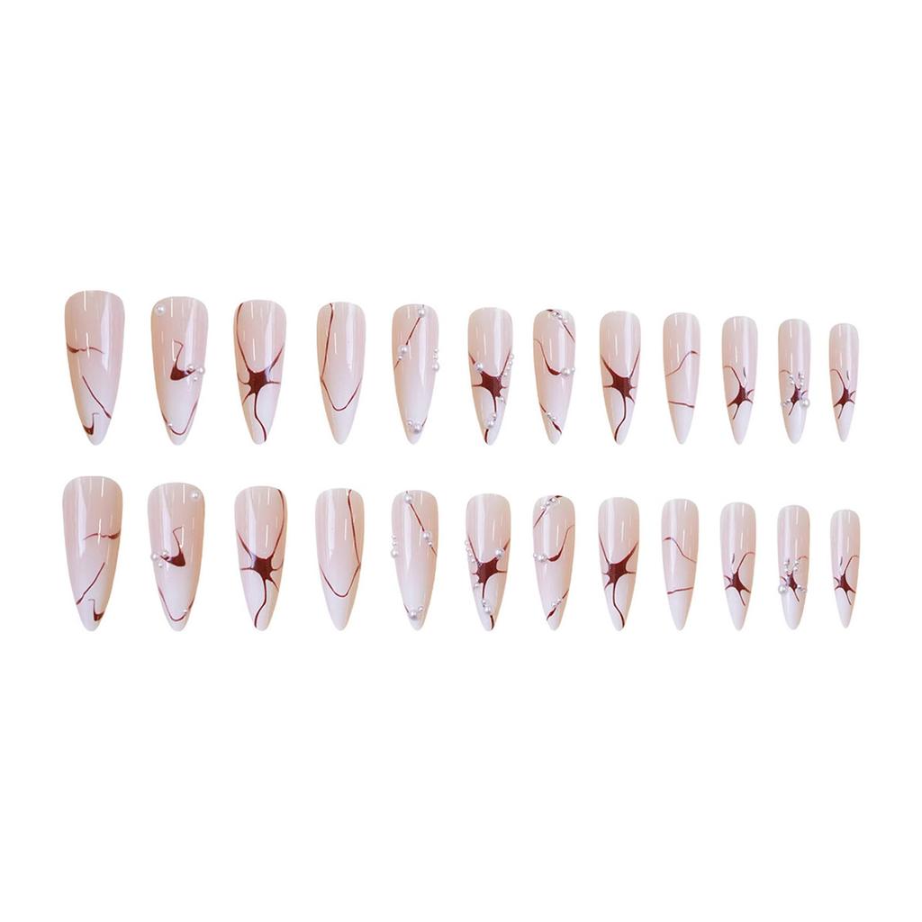 Pink White Long Fake Nails with Line Print Durable & Never Splitting Comfort Fake Nails for Working Dating or Partying