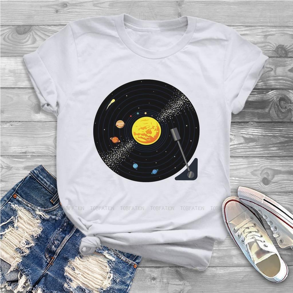 Solar System Vinyl Record Female Shirts Pluto Funny Space Science Loose Vintage Women Tshirts Harajuku Casual Feminine Blusas