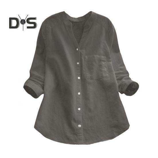 Dame vår høstskjorte topp ensfarget løs passform pustende stoff V-hals lange ermer Single-breasted Casual Top Streetwear