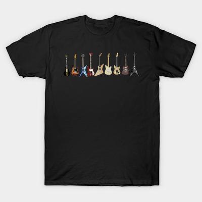 Men Black Print T-shirt Guitar Line Up No-Cut Transfer Paper Print Cotton Tshirt
