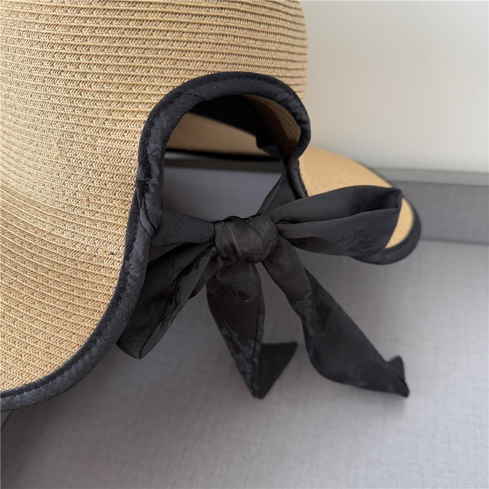 UV Large Brim Bow Empty Top Straw Hat Women's Summer Travel Beach Sunshade Sun Protection Foldable Sun Hat