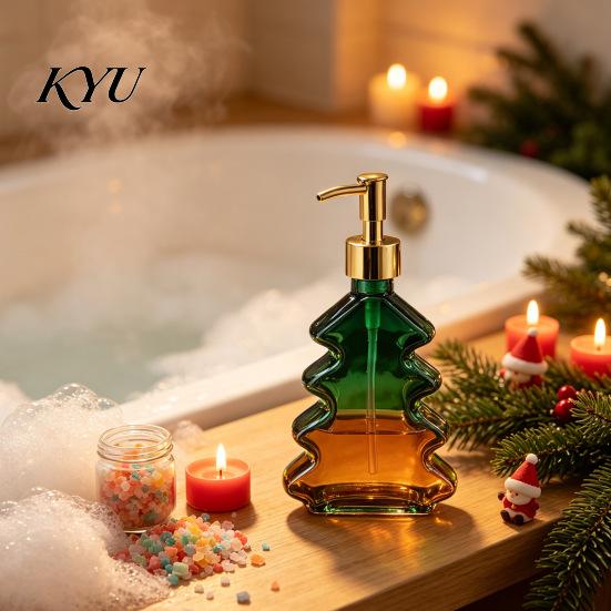 Christmas Table Centerpiece 300ml Tree Soap Dispenser, Glass Hand Dish Dispenser with Pump, Sturdy Xmas Decorative Empty Bottle for Soap, Kitchen,