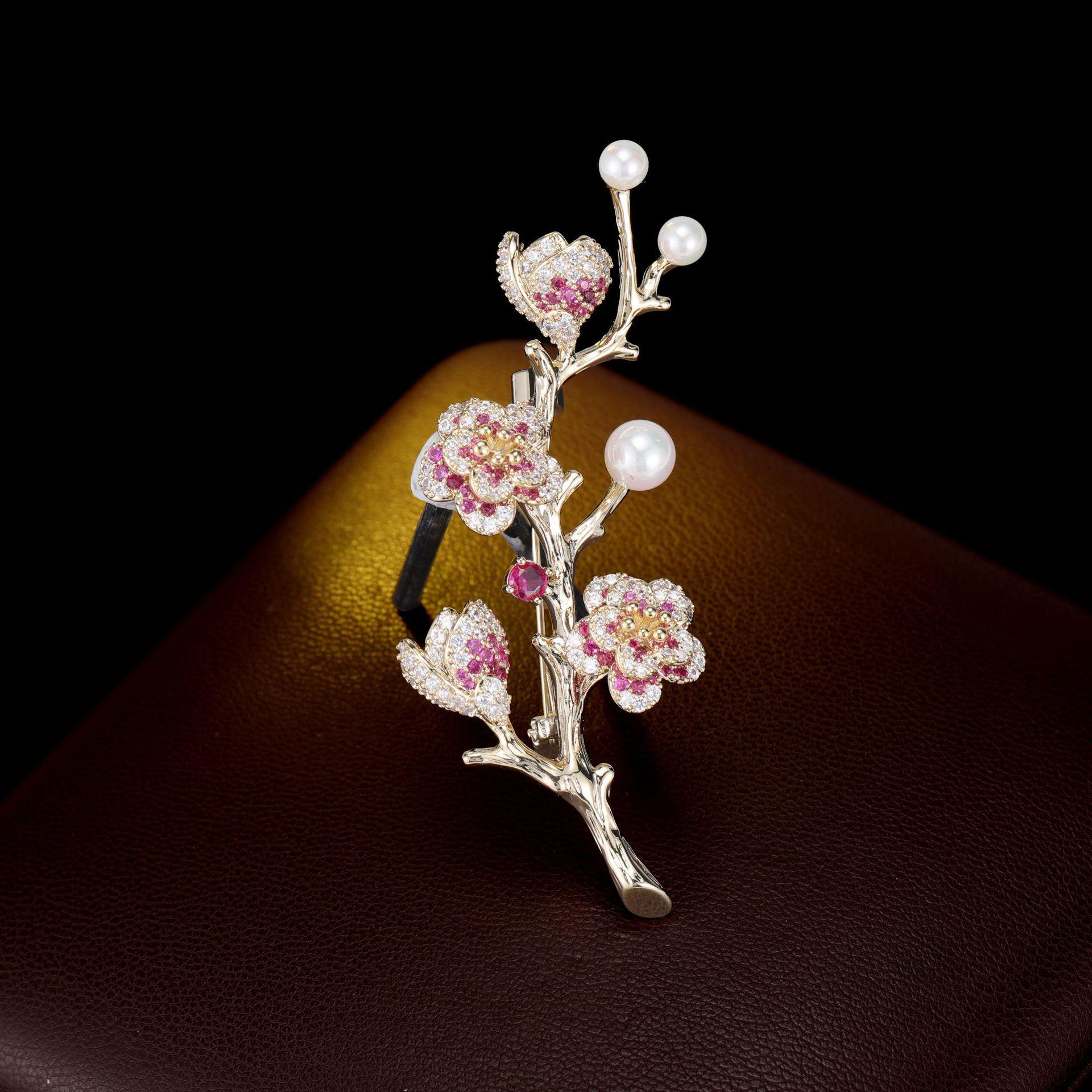 

Женская брошь из циркония с дизайном «Цветок сливы», имитация жемчуга, модная, универсальная, нишевый дизайн