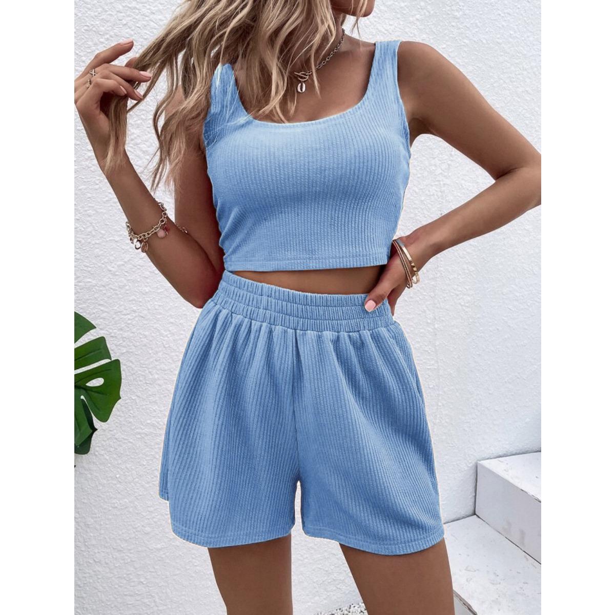 

Женский рубчатый комплект майка-топ и шорты, повседневная одежда для отпуска, без карманов XL светло-синий