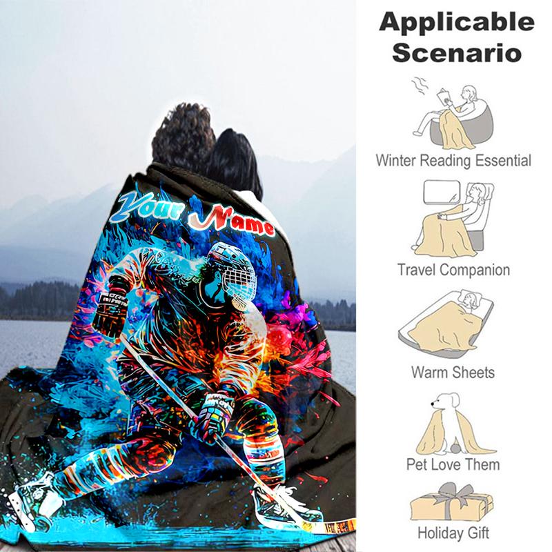 1PC Custom Name "Dynamic Hockey Player Artwork" Flannel blankets Patterns Throw Blanket All-Season Soft Gift for Couch, Bed, Camping gifts