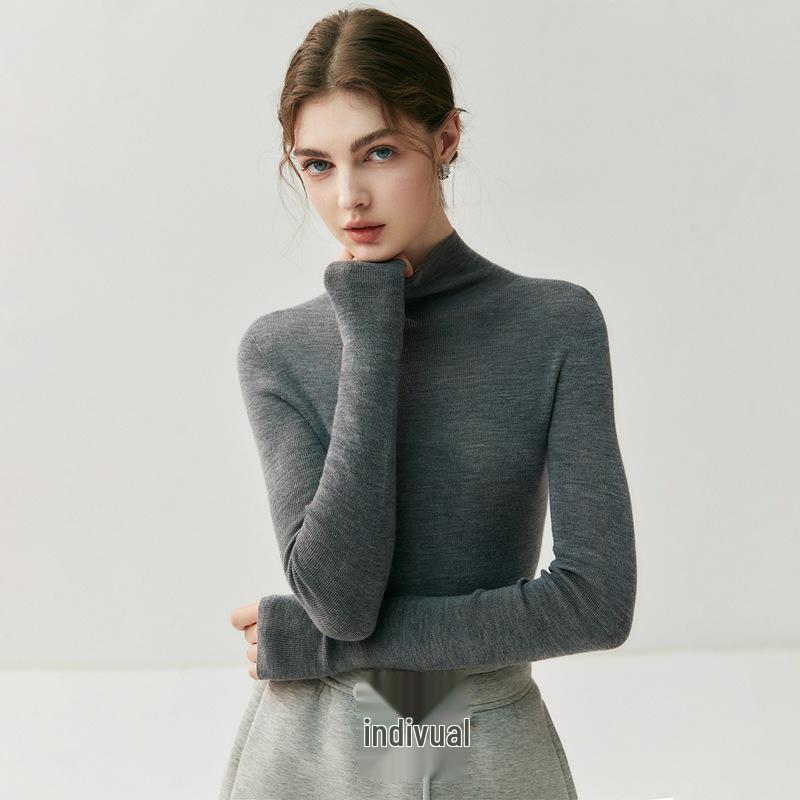 Women's High Neck Slim Fit Ribbed Knit Top - Imitation Wool, Figure-Flattering, Versatile, Classic