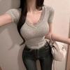 Lace Patchwork V-Neck Slim Fit Solid Color Short-Sleeve Women's Chic Summer Top