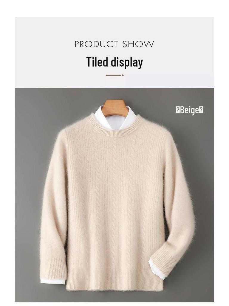 Men's 100% Wool Round Neck Sweater, Thickened Knit Pullover, Autumn/Winter Cashmere Base Layer Top