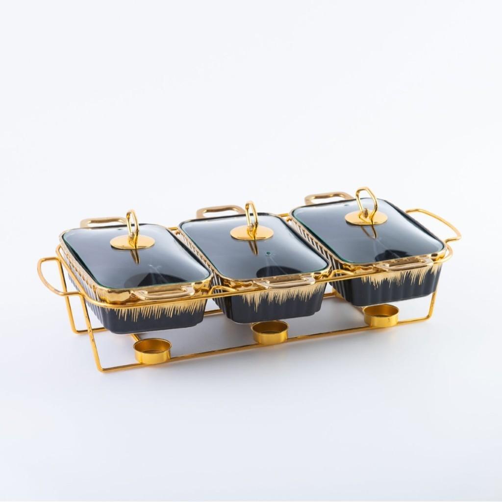 Three-grid Rectangular Ceramic Plate Soup Pot Metal Shelf Hotel Restaurant Hand-Colored Soup Pot Dry Pot Tableware Set