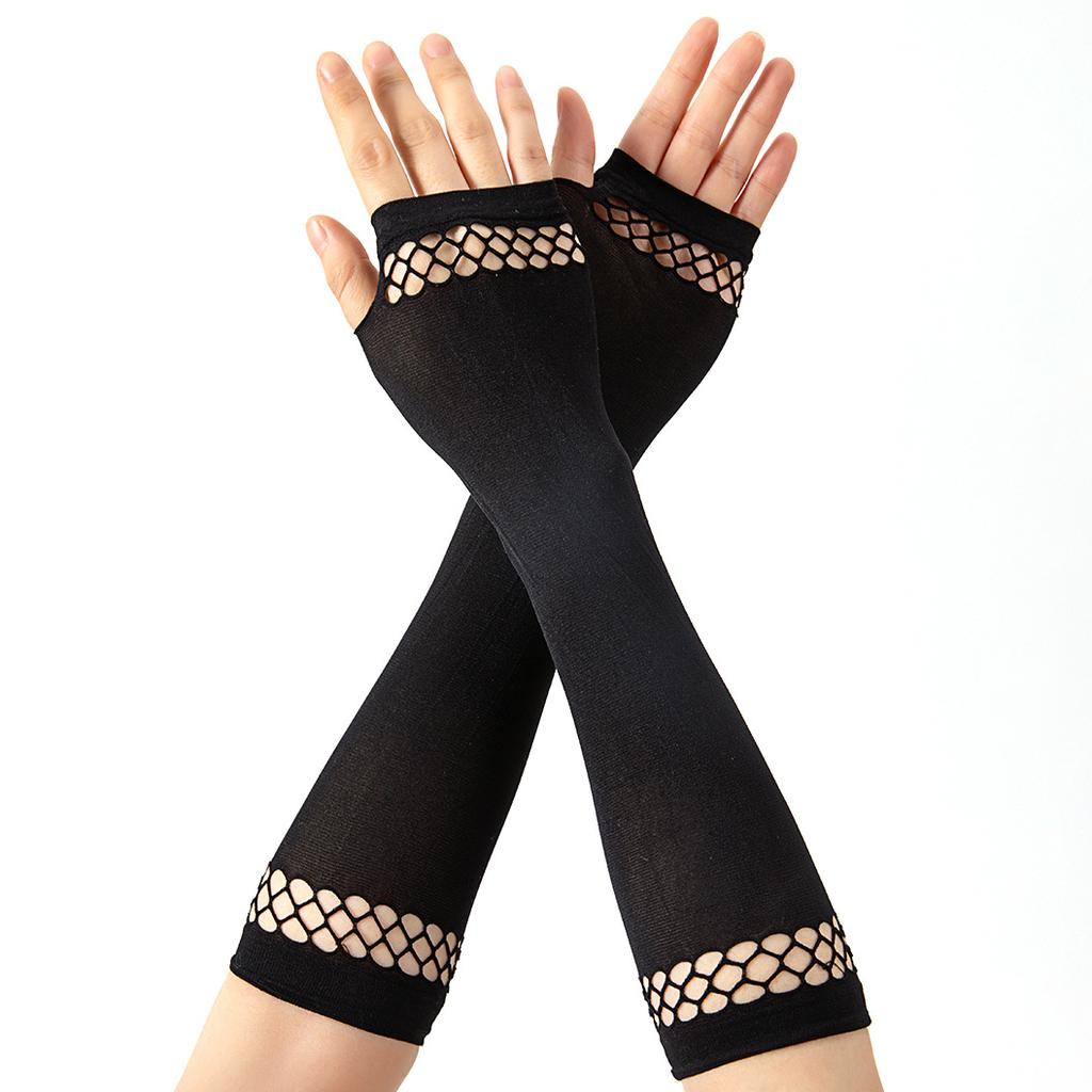 Black Fishnet Patchwork Arm Warmers, Fingerless Mesh Gloves for Punk&Gothic Style