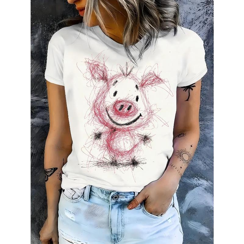 

European size Hand-painted piglet print white t-shirt casual graffiti style pink piglet cute and artistic sense of daily casual wear preferred 4XL білий