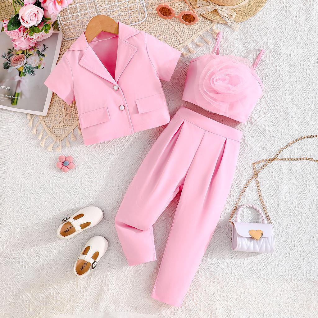Frühlings- und Herbstanzug für Mädchen, rosa Anzug + Hose, Geburtstags-/Gastgeber-/Auftrittskleid