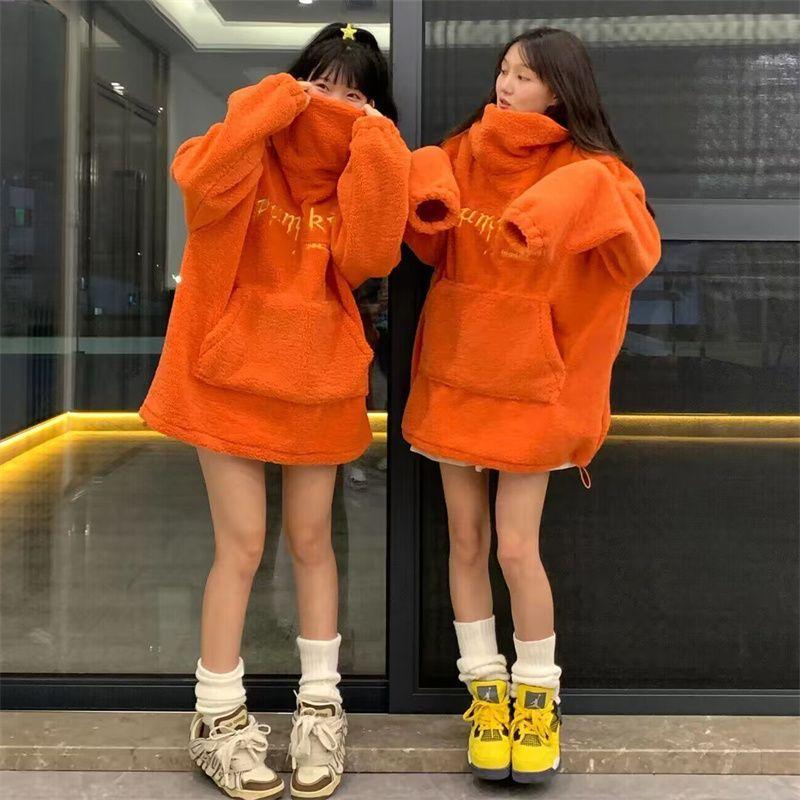 2024 Winter Halloween Party Kürbis Kopf Lamm Fleece Hoodie Frauen Männer Unisex Mit Kapuze Sweatshirt Stickerei Verdicken Streetwear