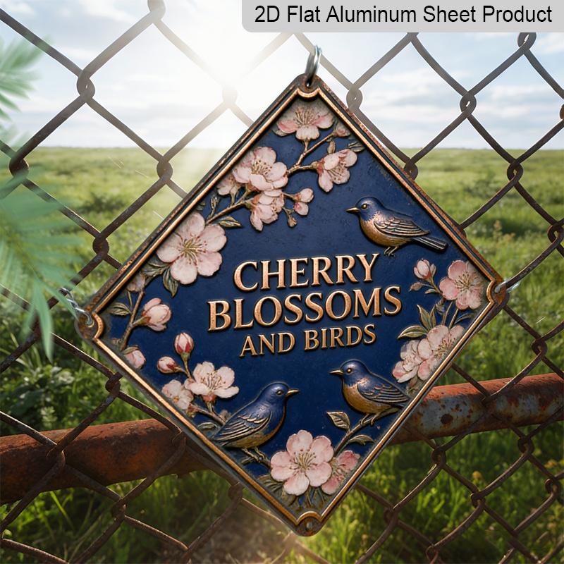 2D Flat, 1pc Cherry Blossom & Bird Wall - Vintage Aluminum Sign Suitable for Office Decor, Aluminum Plaque with Flowers, Gift for Oriental Floral
