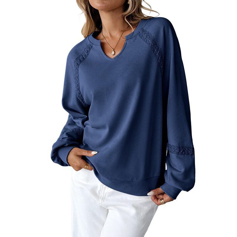 Women's Lace Patchwork V-Neck Long Sleeve Pullover Sweatshirt Casual Solid Color Tops
