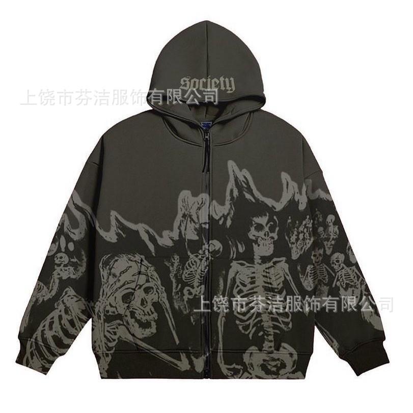 American high street skull skeleton hooded sweater men's and women's trendy brand loose dark street pullover