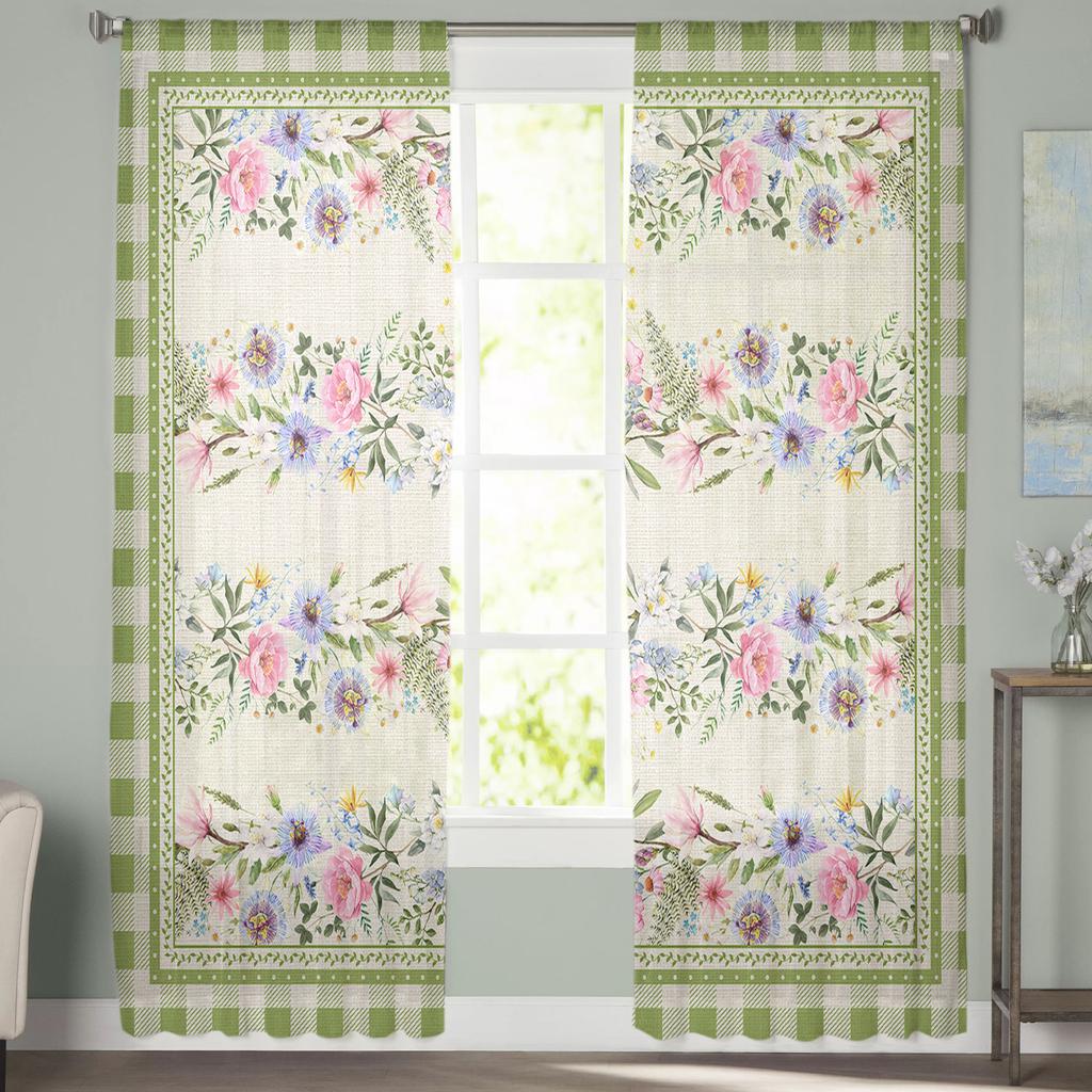 Summer Plaid Idyllic Flowers Sheer Curtains For Living Room Kitchen Bedroom Voile Hanging Window Drapes