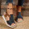 Summer new fish mouth wedge heel sandals large size pleated belt buckle thick sole hemp rope sole women's sandals