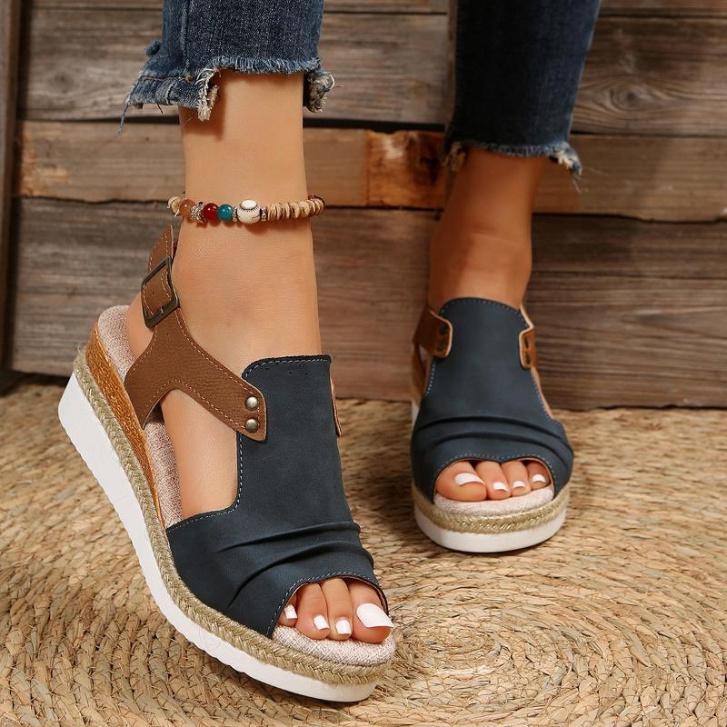Summer new fish mouth wedge heel sandals large size pleated belt buckle thick sole hemp rope sole women's sandals