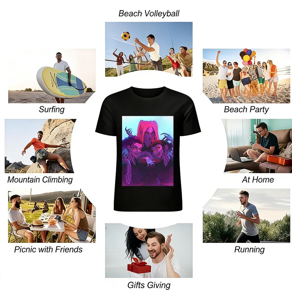 Dark Style Purple Pattern Demon Girl Group Print Top Trendy Niche Design Casual Streetwear T-Shirt Pure Cotton T-shirt