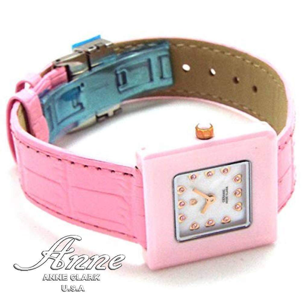ANNE CLARK Uhr Keramikgehäuse Saphirglas Zifferblatt aus natürlichem rosa Perlmutt Echtes Lederarmband Damen