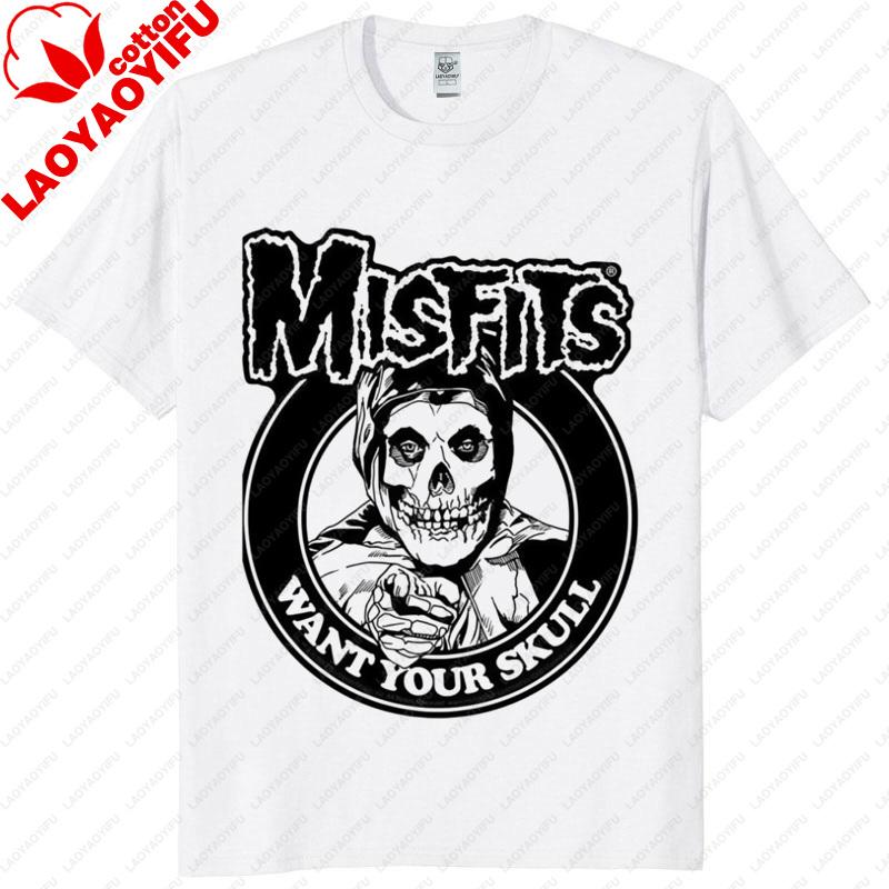 Unisex Vintage Punk Tee Misfits Style Distressed Skull Graphic Classic Streetwear Top Daily Wear