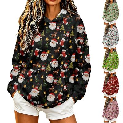 Dames Casual Hoodie met Lange Mouwen en Kerstprint
