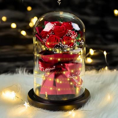Buchet de trandafiri artificiali cu lumină LED, acoperit cu cupolă de sticlă, decor cu floare eternă, cadou pentru femei, soție, iubită, aniversare, Ziua Îndrăgostiților, Ziua Mamei
