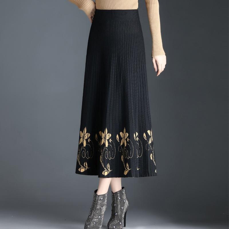 

Вязаная юбка для женщин Осень и Зима Миди Длина С высокой талией Плиссированная юбка А-силуэта 3XL хаки