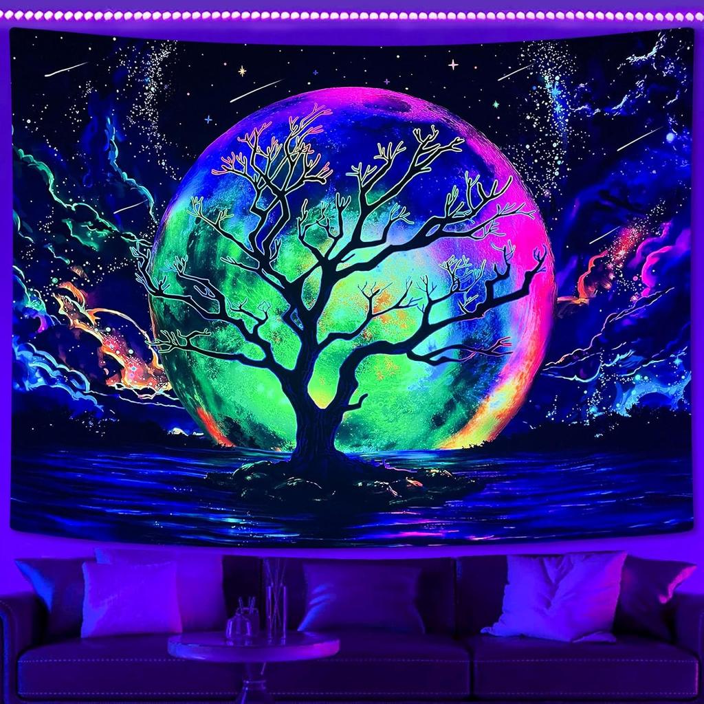 Faxdong Blacklight Moon Tapestry, UV Reactive Tree Lake Colorful Starry Night Galaxy Space Clouds Wall Tapestry for Bedroom Decor 36×48 Inch