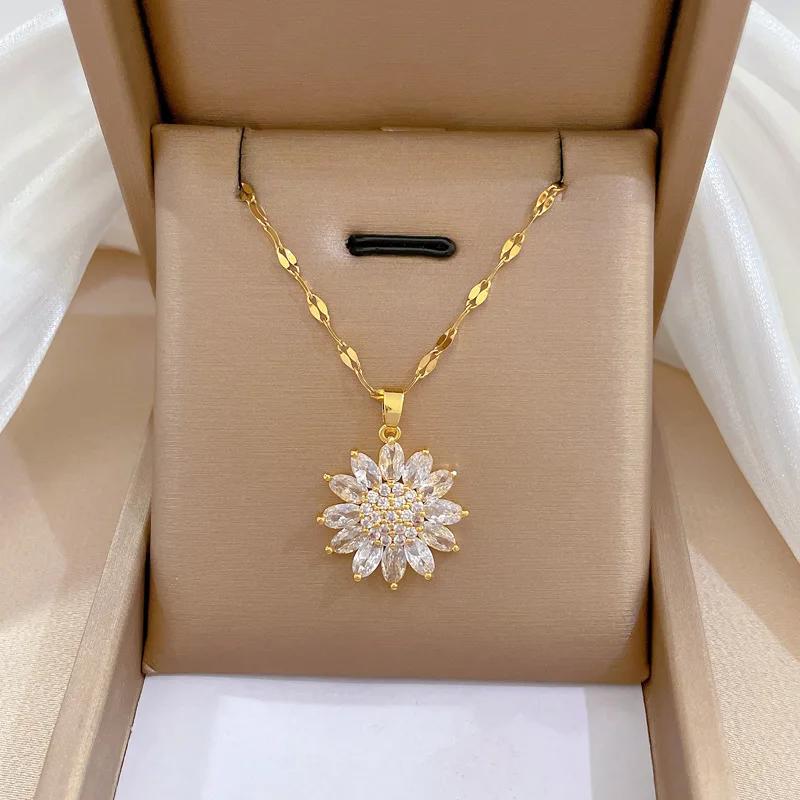 316L Stainless Steel Luxury Zircon Flower Pendant Necklace For Women Girl New Trend Clavicle Chain Jewelry Lady Gift