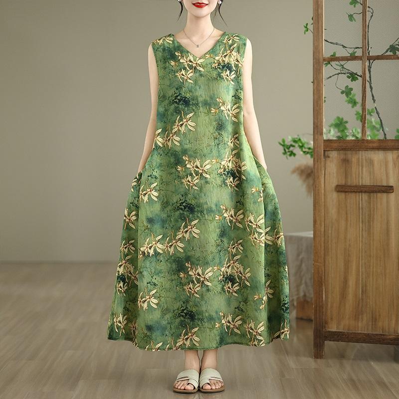 Ärmelloses Plus-Size-Baumwolle-Vintage-Blumenmuster, neue Kleider für Damen, lässig, locker, langes Sommerkleid